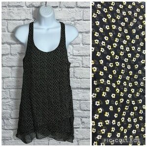 Club Monaco XS 100% Silk Black Flower Double Ruffle Racerback Tank
